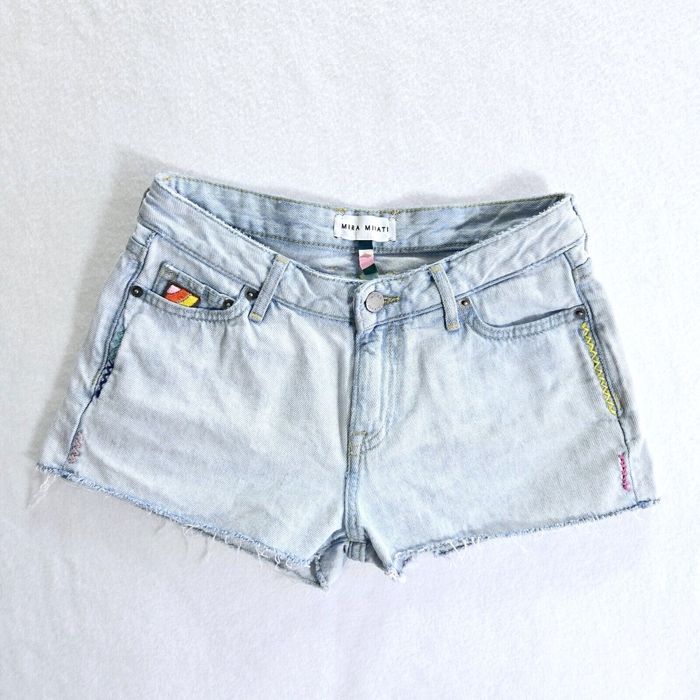 Mira Mikati Shorts Size US-4 EU-34 Womens Embroidered Denim Light Wash Blue Hem